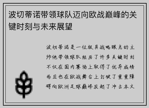 波切蒂诺带领球队迈向欧战巅峰的关键时刻与未来展望