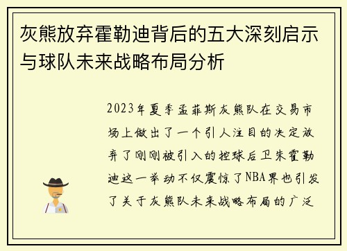 灰熊放弃霍勒迪背后的五大深刻启示与球队未来战略布局分析