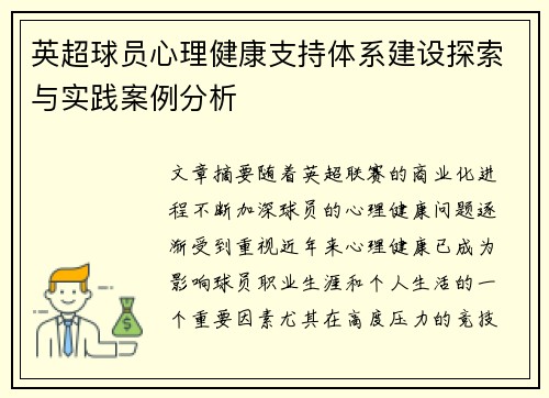 英超球员心理健康支持体系建设探索与实践案例分析