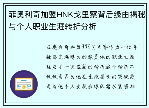 菲奥利奇加盟HNK戈里察背后缘由揭秘与个人职业生涯转折分析